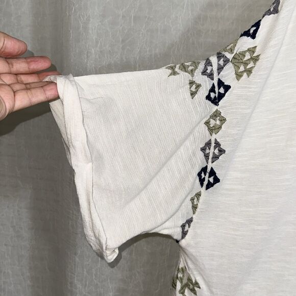 free people L Ivory Navy Peach Green Lace up Oversized Embroidered Peasant Top - Picture 7 of 14